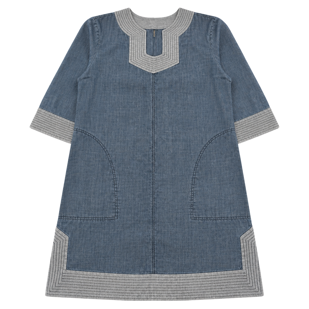 Trina Turk Chambray Shift Dress with Contrast Stitched Trim Size S 1