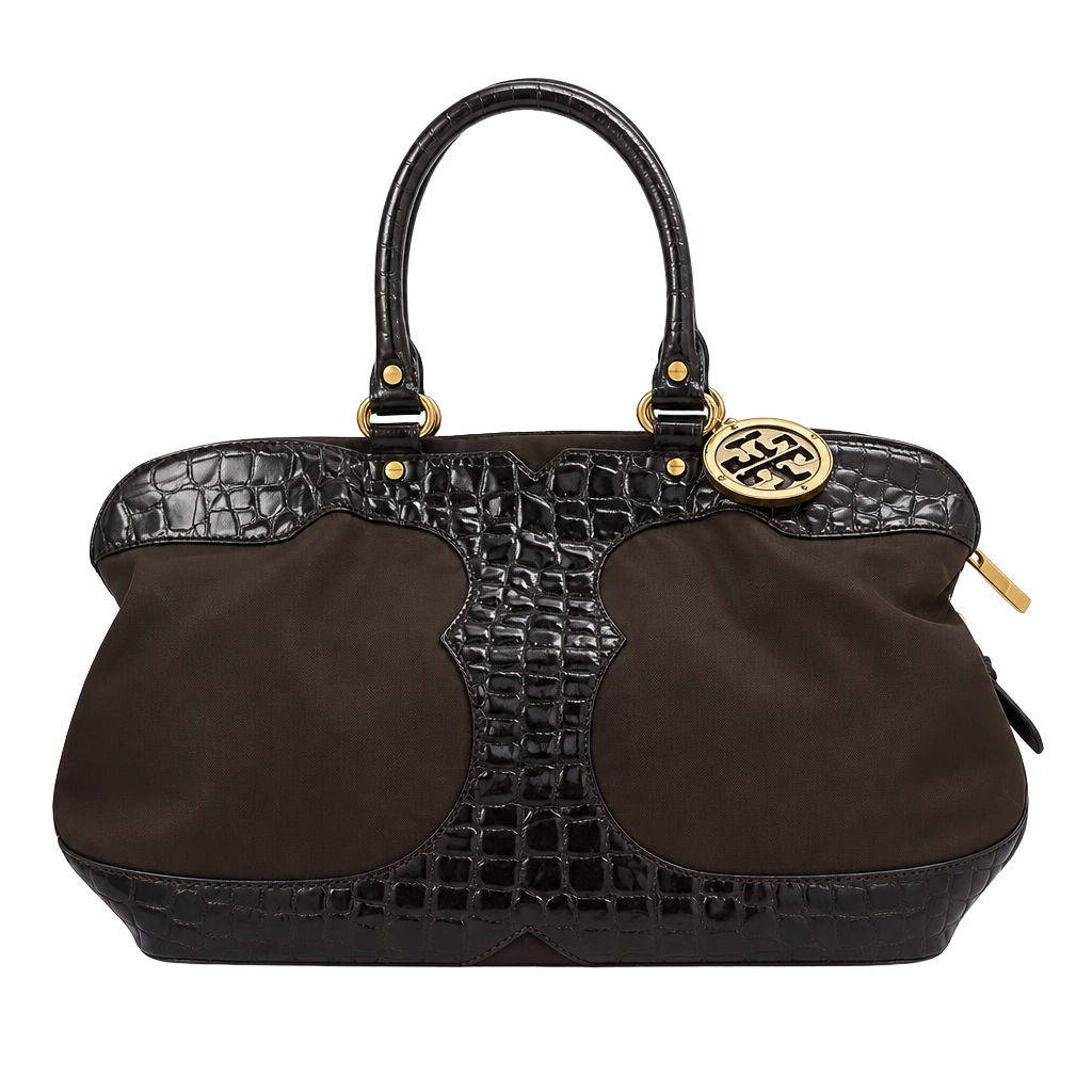 Tory Burch Large Ella Nylon and Croc-Embossed Leather Tote Bag Brown 1