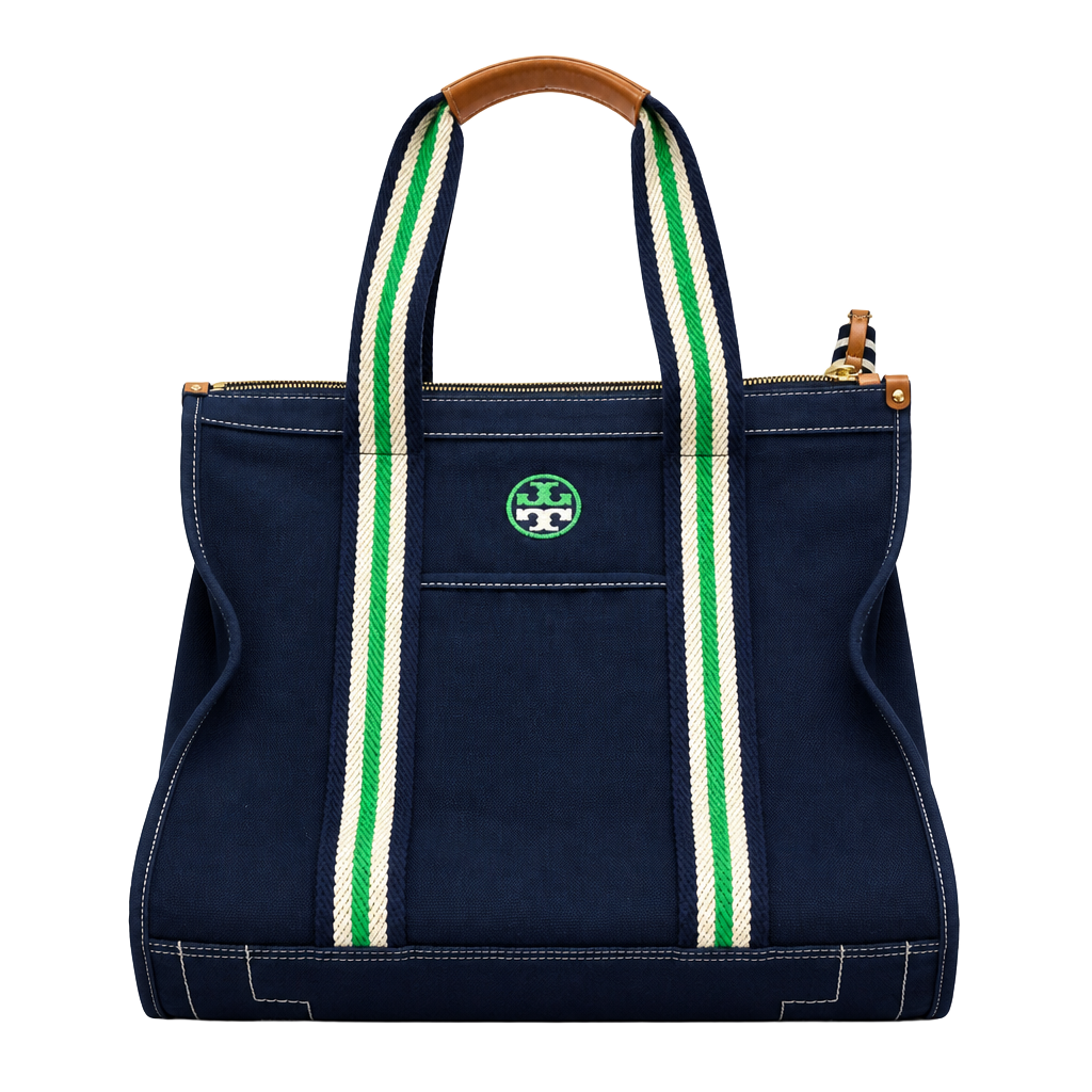 Tory Burch Grace Canvas Tote Bag Navy Green White Striped 1