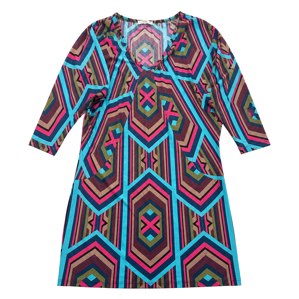 Trina Turk Geometric Print 3/4 Sleeve V-Neck Shift Dress Size XS 1