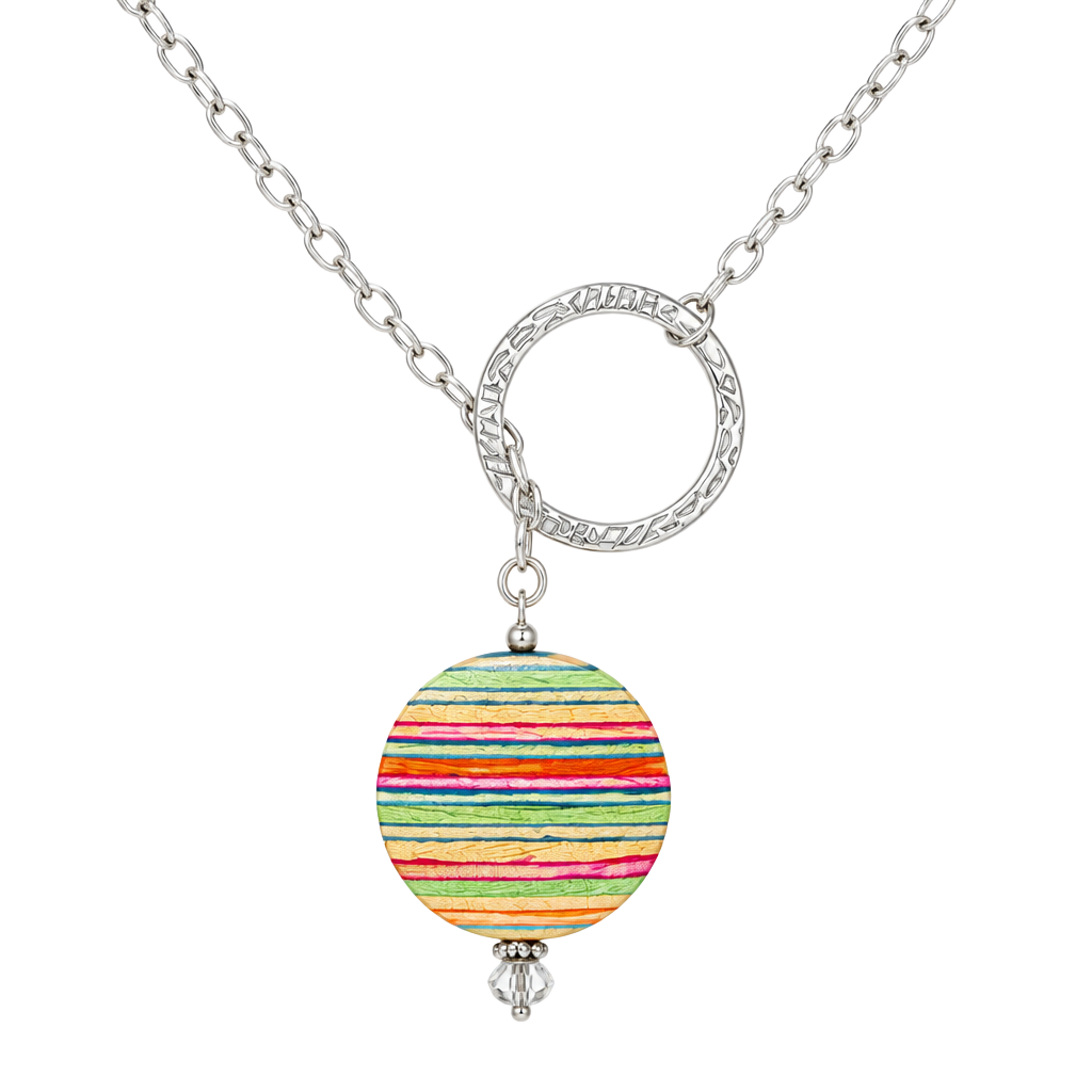 Artisan Handmade Multi Color Wood Striped Pendant Necklace 1