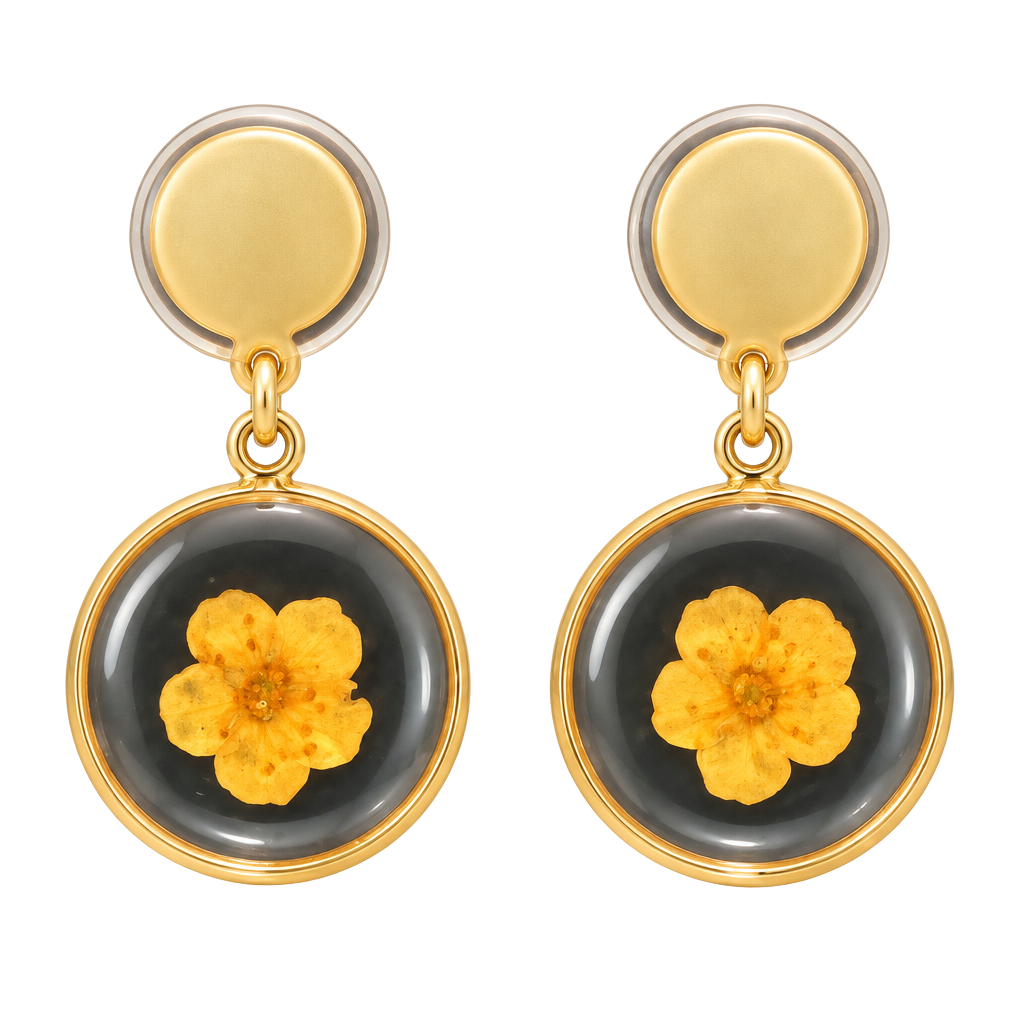 Gold Tone Pressed Flower Resin Drop Earrings 1