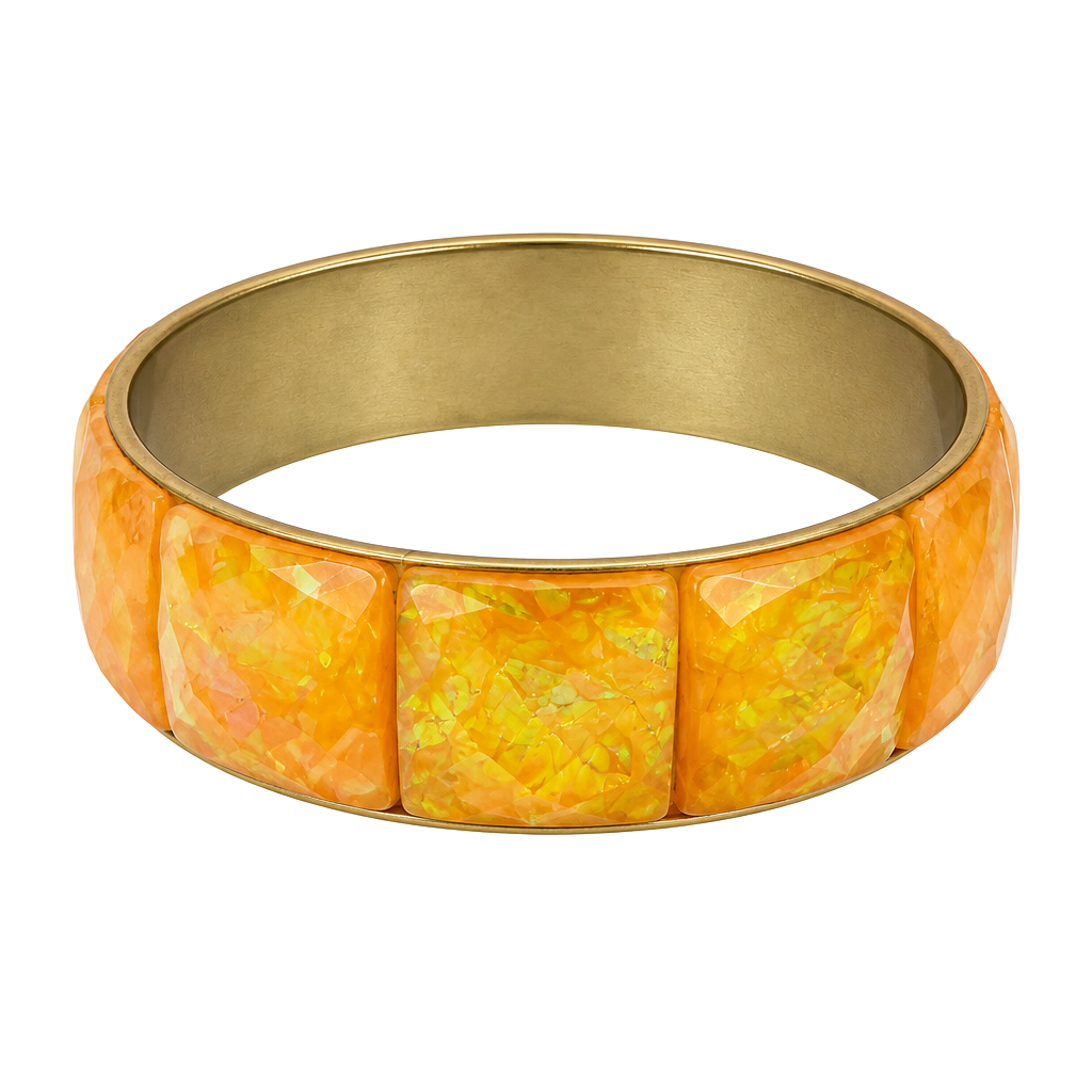 Vintage Gold Tone Orange Faceted Resin Tile Bangle Bracelet 1