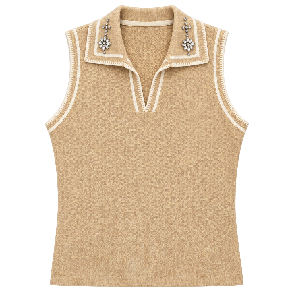 Ontwelfth Sleeveless Polo Top Size L Beige Rhinestone Embellished 1