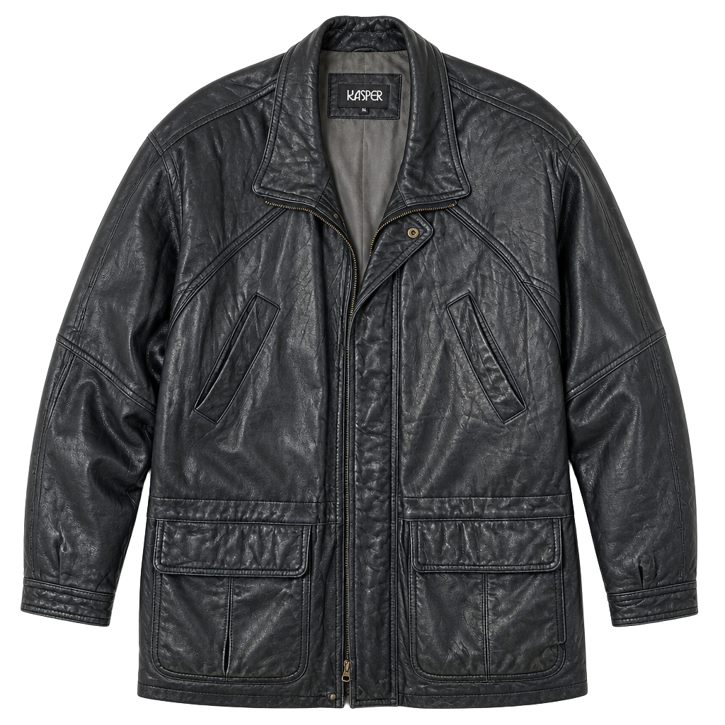 Men’s Kasper Leather Jacket Size XL Black Vintage Utility Coat Full Zip Pockets 1