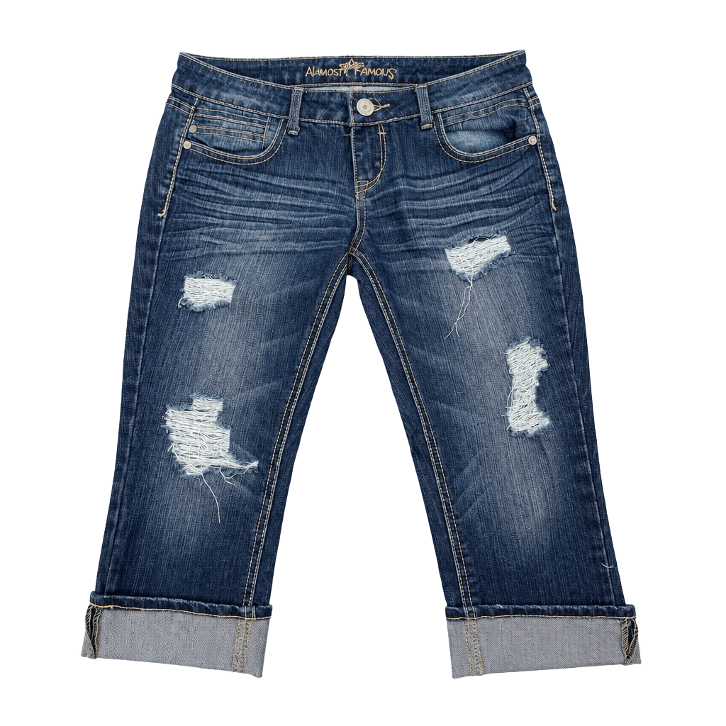 Almost Famous Distressed Cuffed Denim Capris Size 7 Blue 1