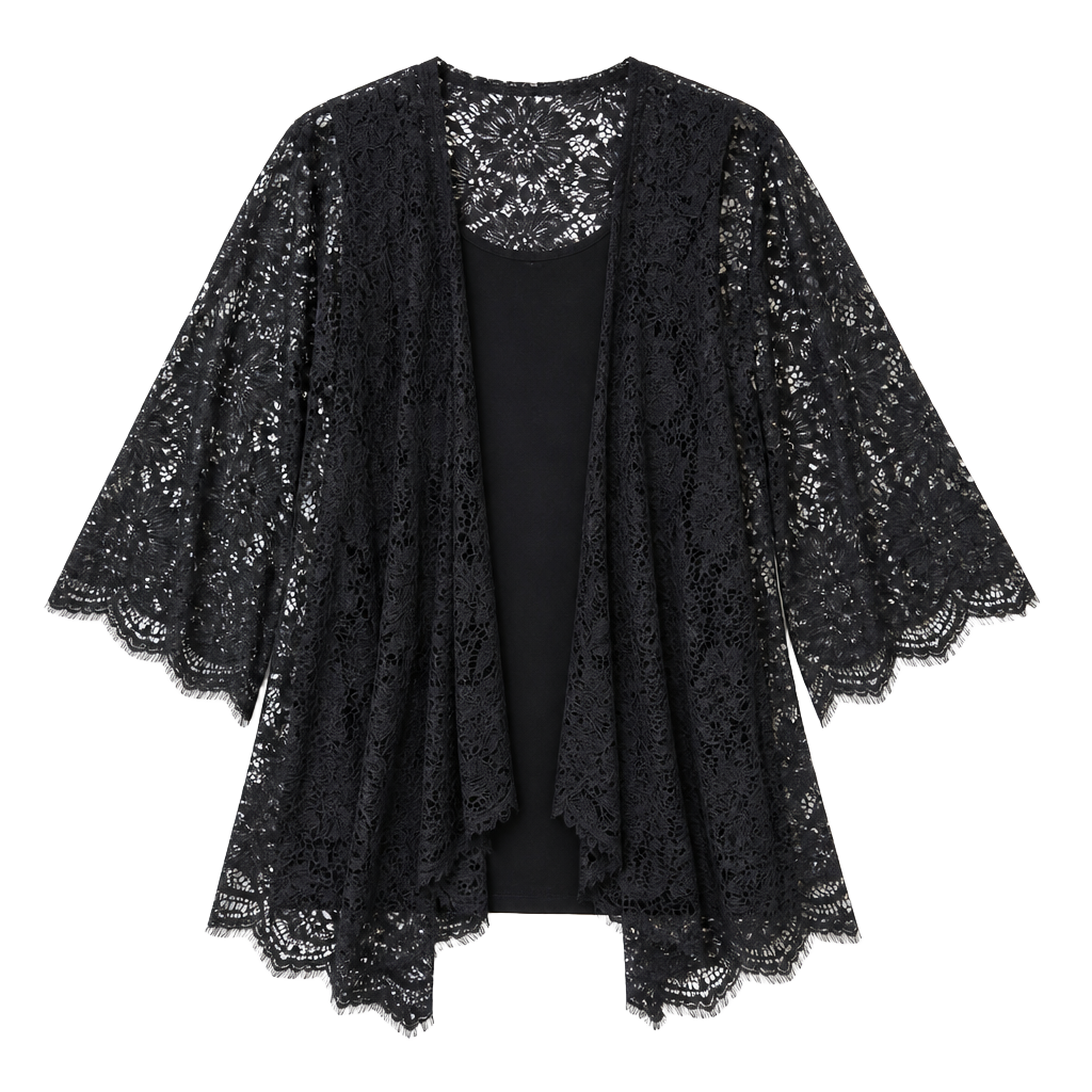 In Bloom by Jonquil Black Floral Lace High-Low Kimono Cardigan Cover-Up One Size 1