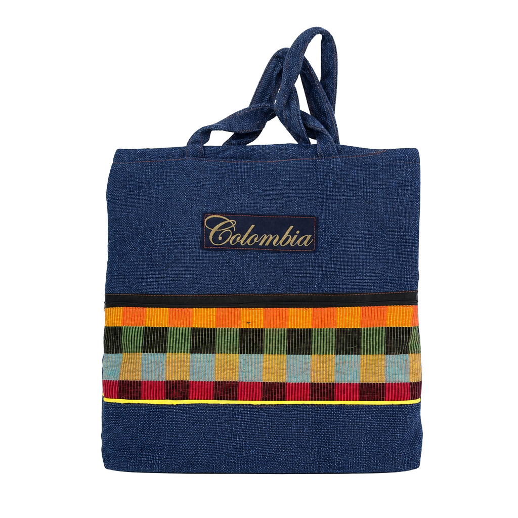 Colombian Embroidered Canvas Tote Bag with Multi-Color Woven Accent 1