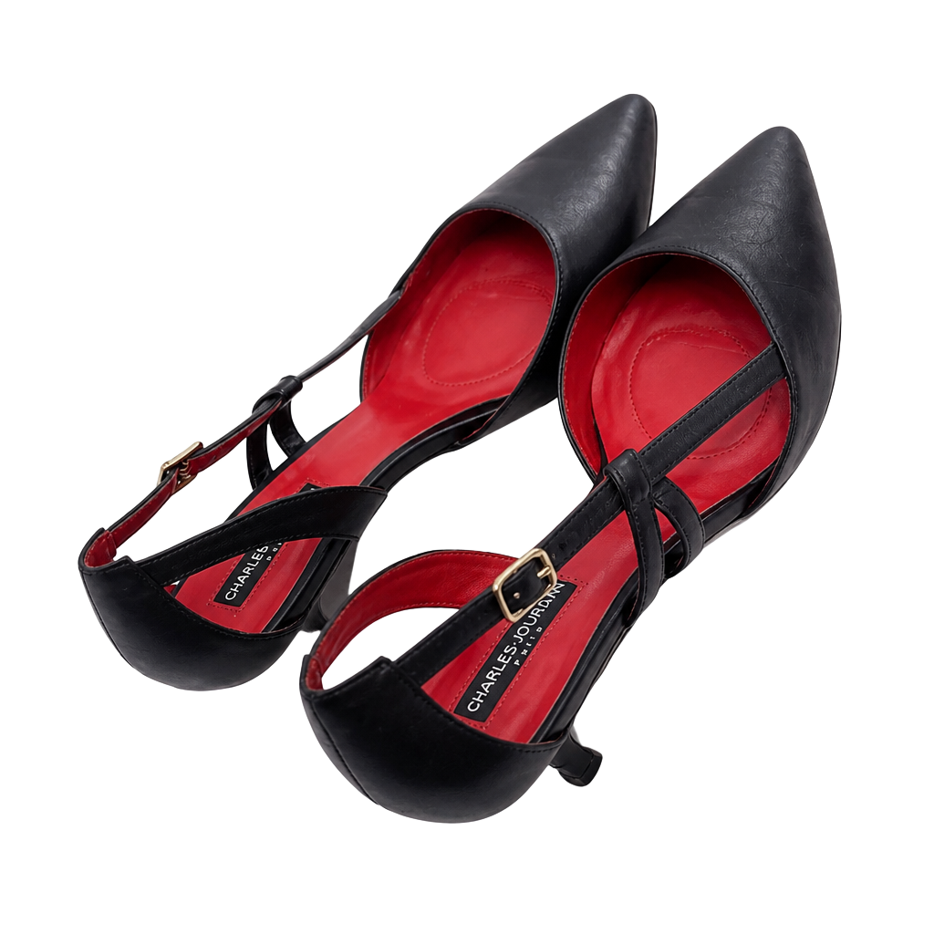 Charles Jourdan Paris Black Leather Pointed-Toe T-Strap Kitten Heels Size 9.5 1