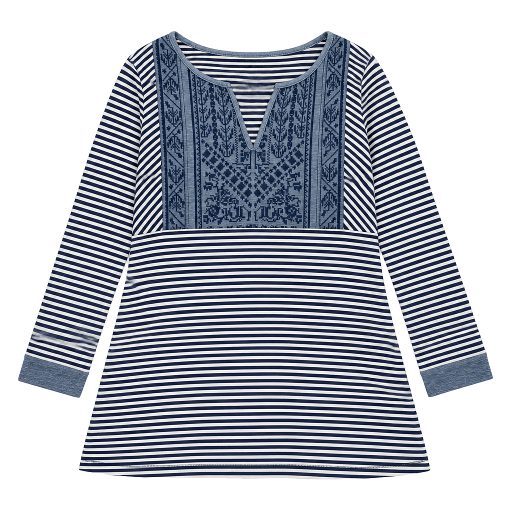 Skies Are Blue Striped Embroidered V-Neck Long Sleeve Top Size M 1