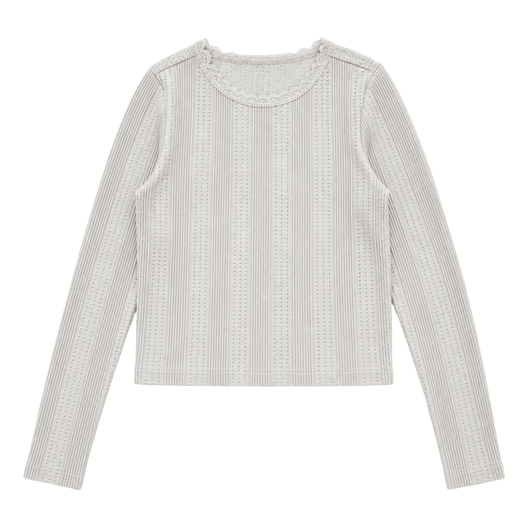 Social Revival Pointelle Ribbed Long Sleeve Cropped Top with Lace Trim, Size S/M 1