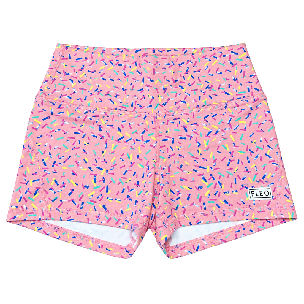 FLEO Women's Pink Sprinkles High-Waisted Gym Shorts Small 1