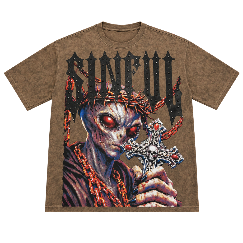 Rare Common Sinful Alien Graphic Tee Size L Brown Studded Cross 1