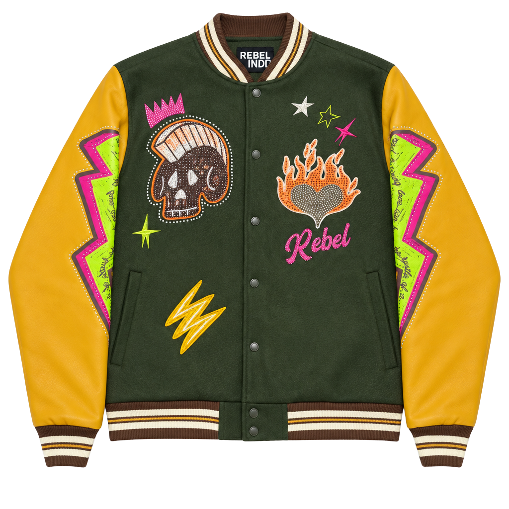 Rebel Minds Varsity Jacket Size L Green Yellow Rhinestone Patches 1
