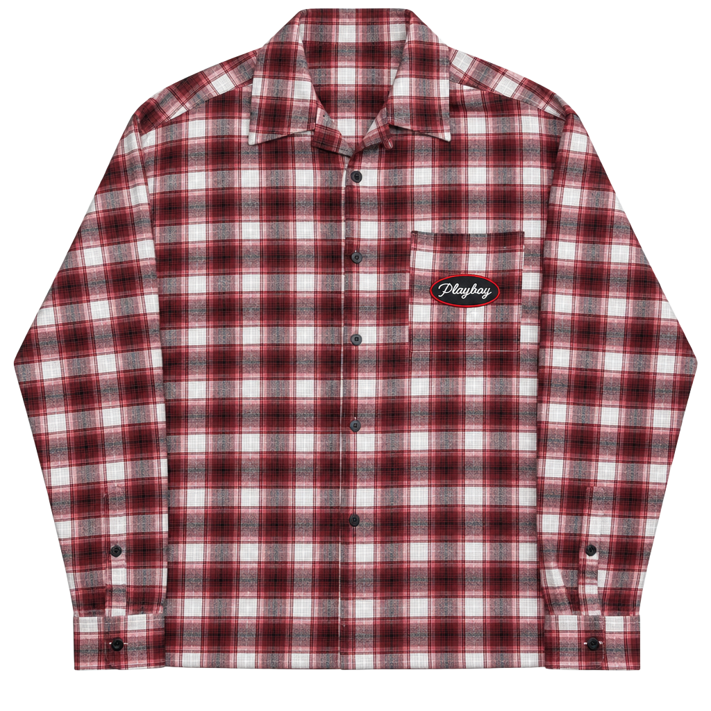 Playboy Plaid Flannel Shirt Size L Red White Embroidered Patch 1