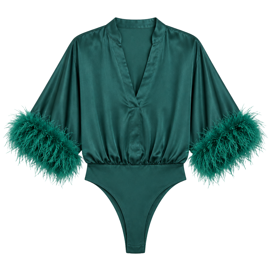 Entro Satin Bodysuit Size S Green Feather Cuff 1