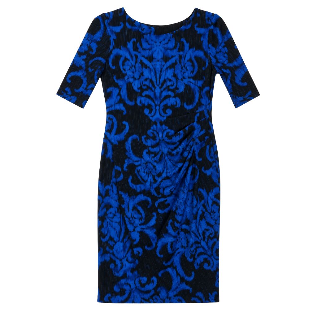 Connected Apparel Blue and Black Damask Ruched Sheath Dress 1