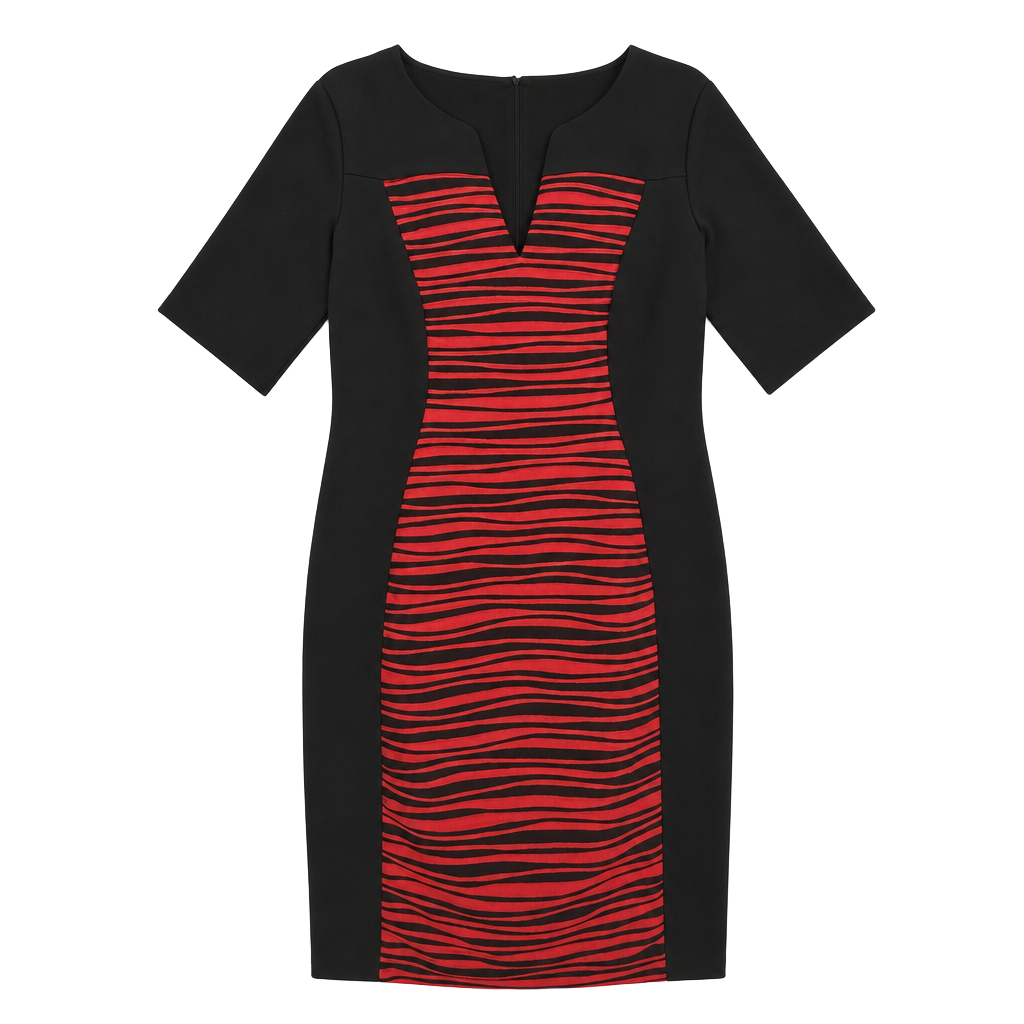 Connected Apparel Black and Red Textured Striped Panel Sheath Dress 1