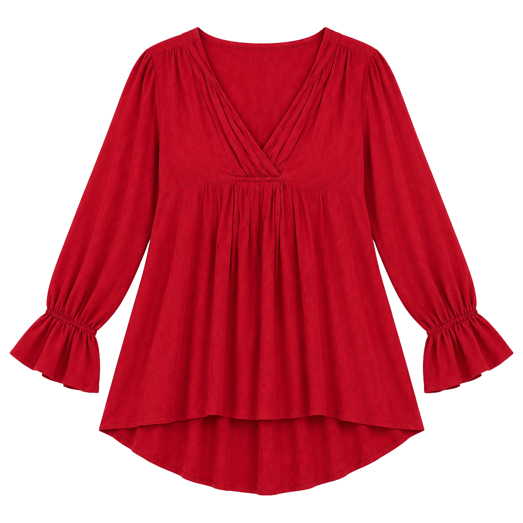 Daniel Rainn Blouse Size L Red Long Sleeve Ruffle Cuffs High Low Hem 1