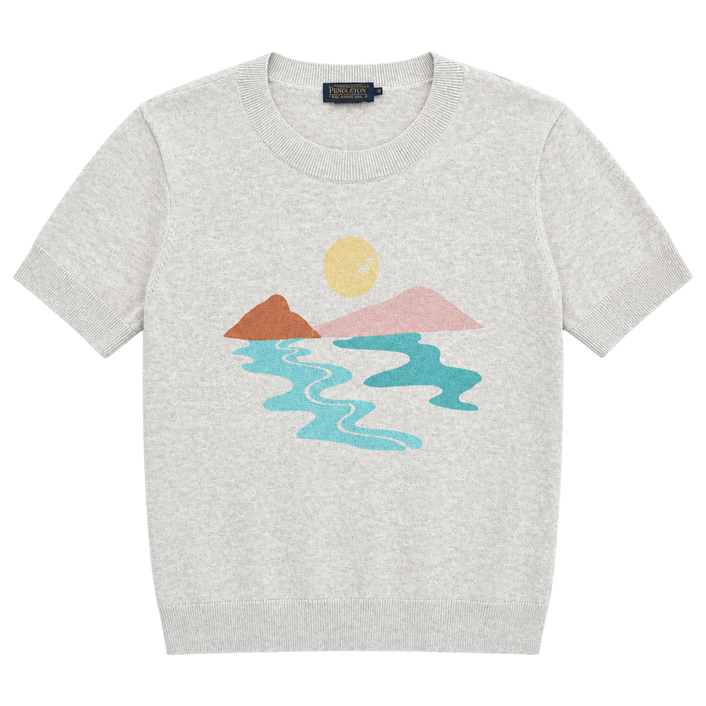 Pendleton Coastal Sunset Sweater Size M Beige Knit Short Sleeve Scenic 1