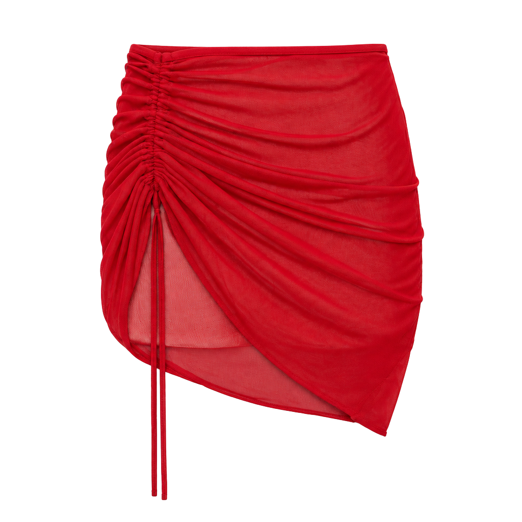 Red Mesh Drawstring Ruched Skirt 1