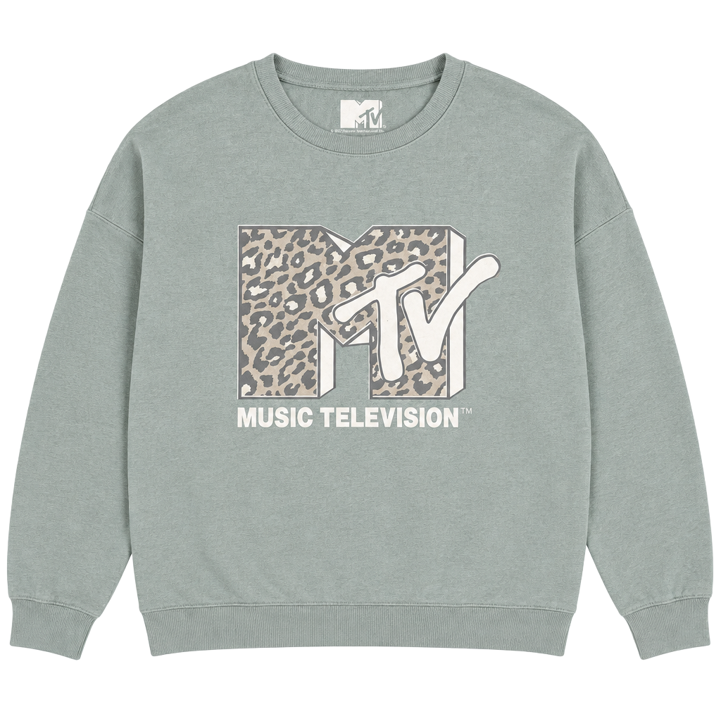 MTV Sweatshirt Size L Sage Green Leopard Print Music Television 1