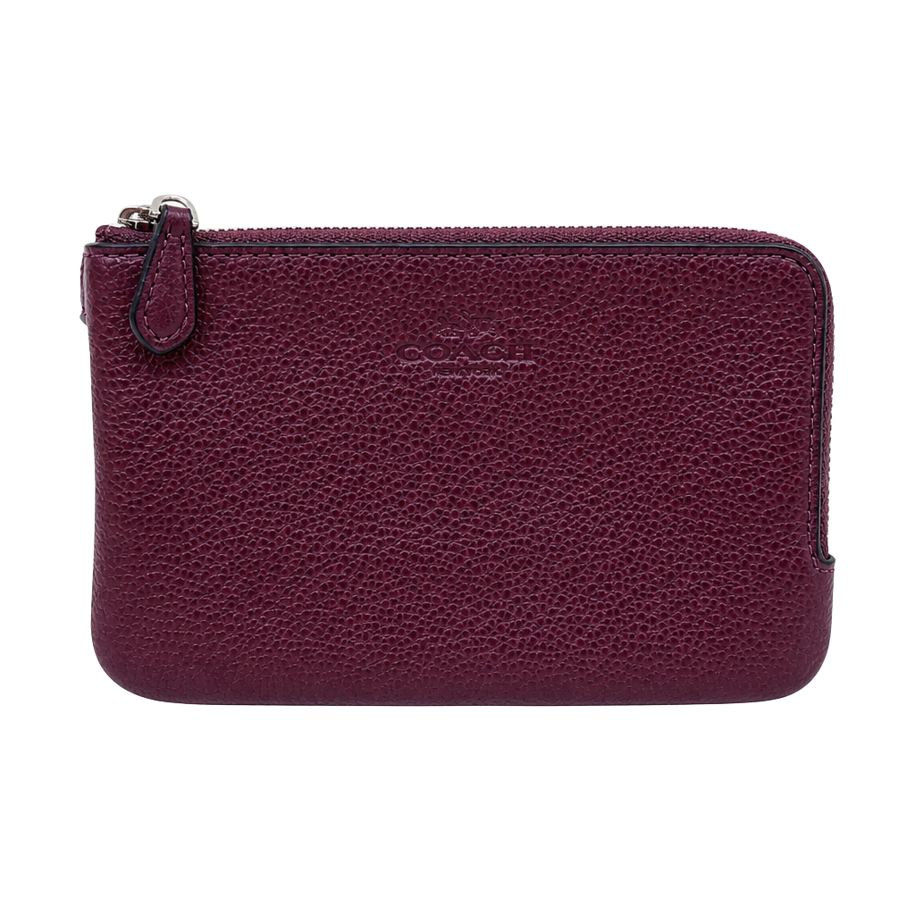 Coach Double Zip Burgundy Pebble Leather Coin Case Wallet 1