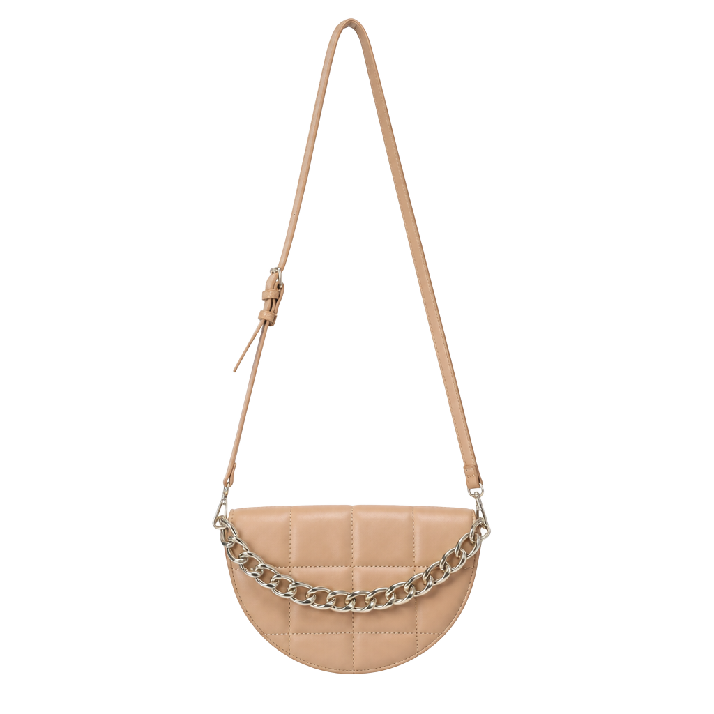 Tan Half Moon Quilted Crossbody Bag with Chunky Gold Chain Accent 1