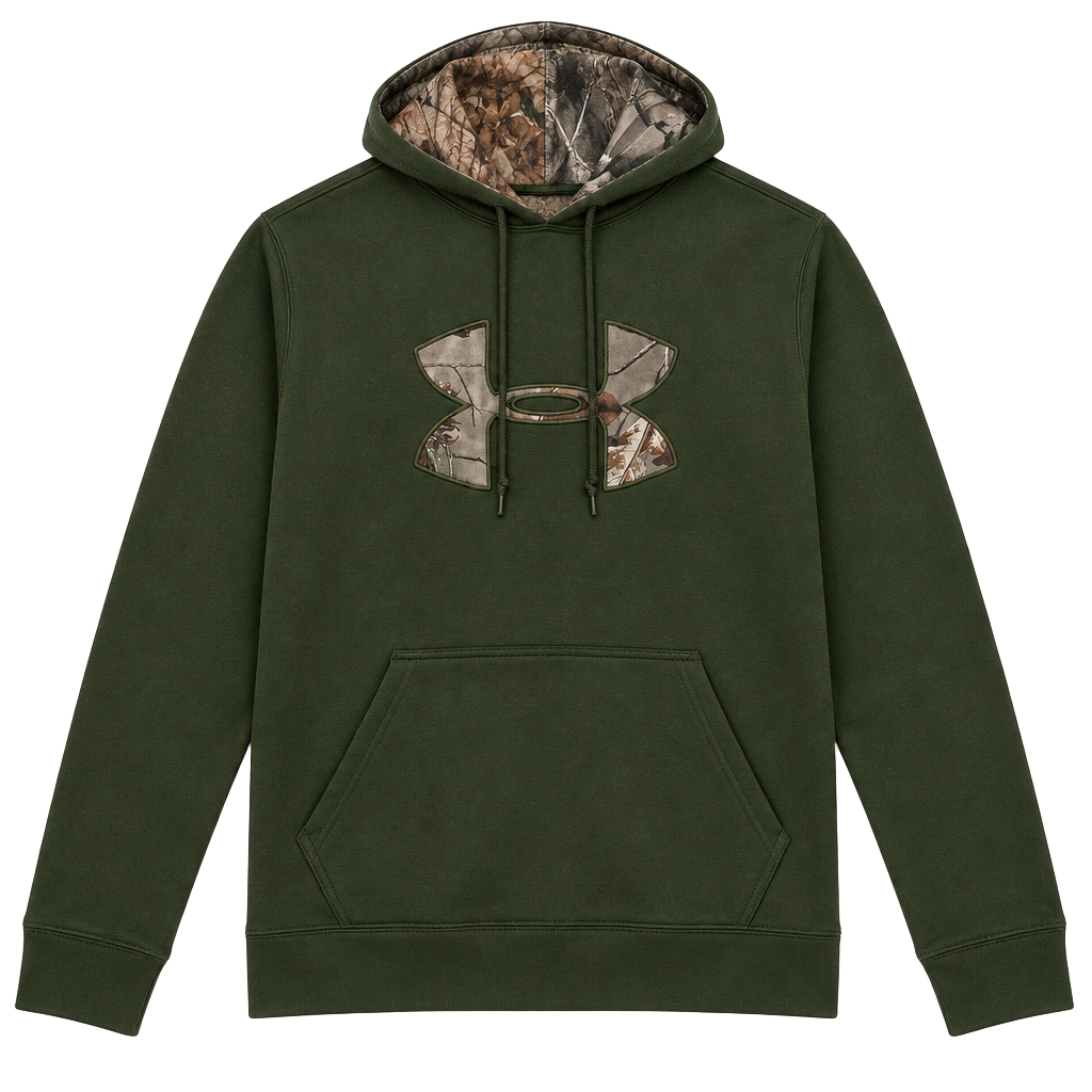 Under Armour Camo Logo Hoodie Size MD Green Real Tree Hunting Sweatshirt 1