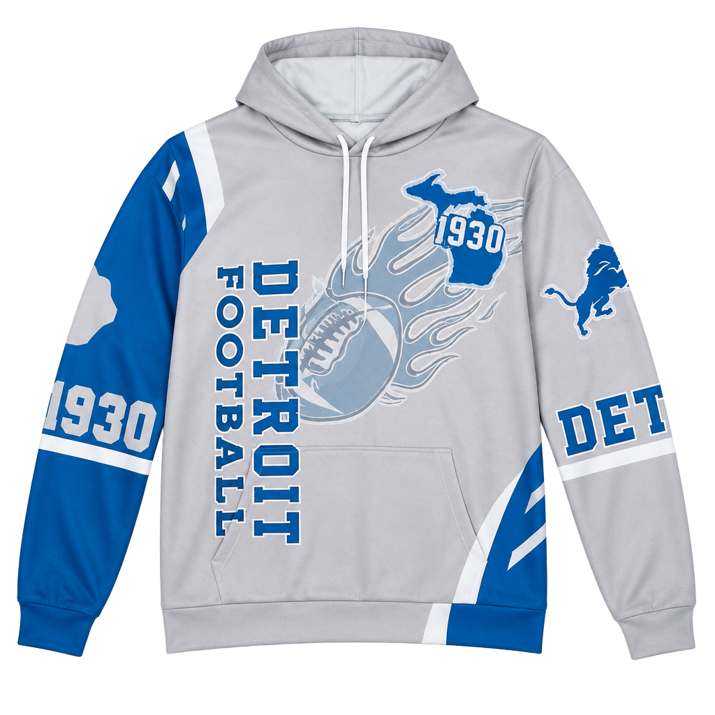 Detroit Football Hoodie Size S Graphic Print Sweatshirt Grey Blue 1