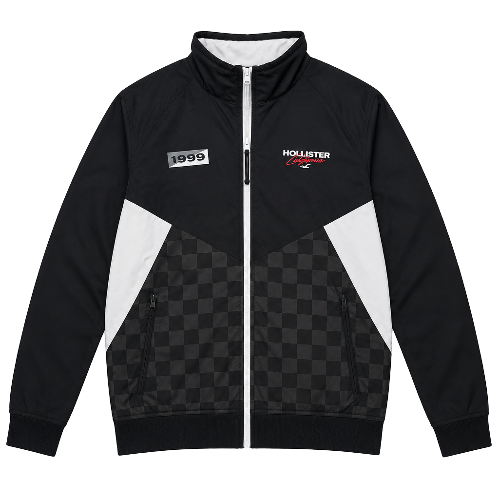 Hollister 1999 Racing Windbreaker Jacket Black White Checkered 1