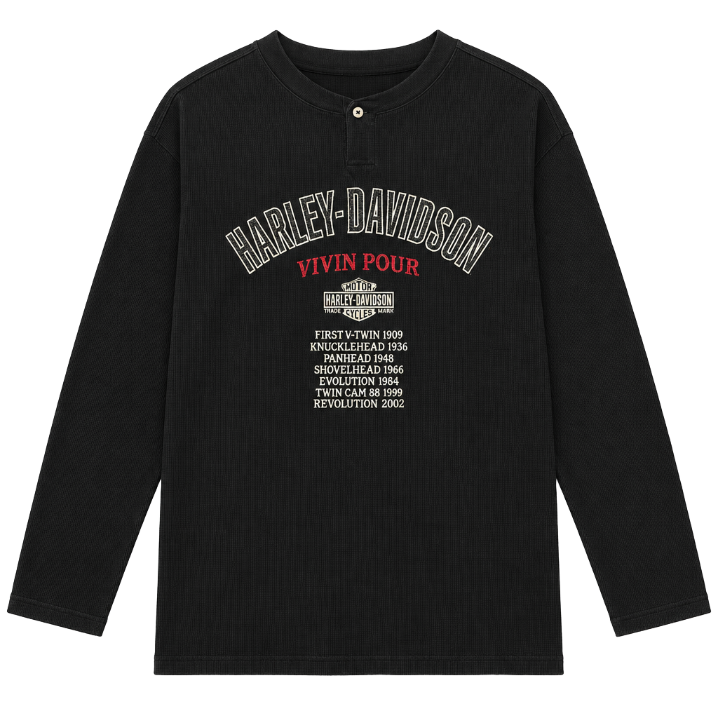 Harley Davidson V-Twin Power Long Sleeve Henley Size Large Black Shirt 1