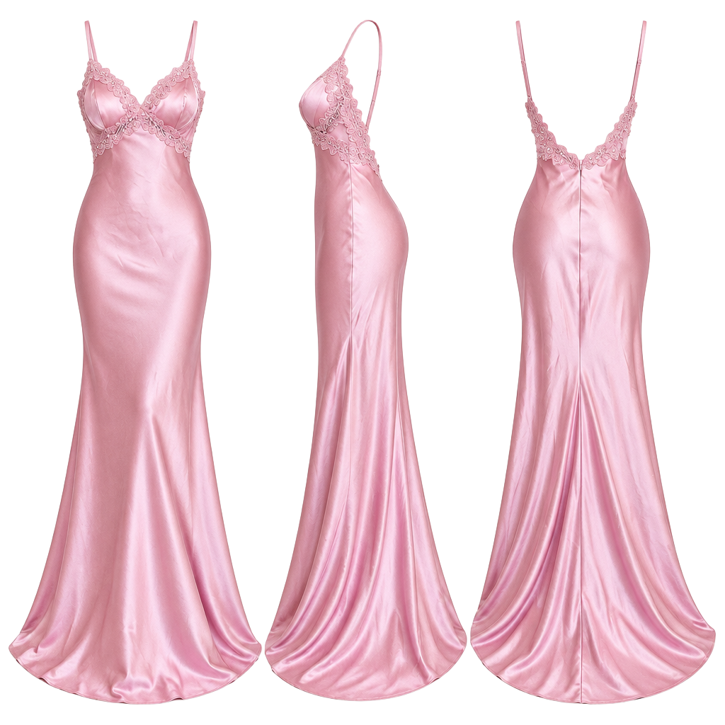 Pink Satin Lace Trim Formal Dress 1