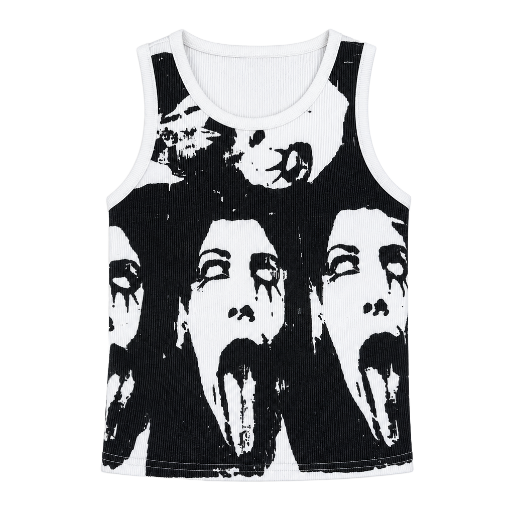Black White Horror Graphic Ribbed Tank Top Goth Emo Punk Y2K small 1