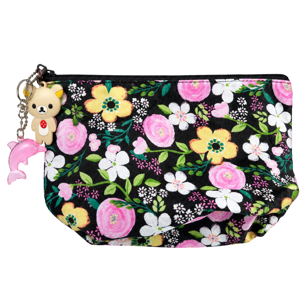 Unbranded Black Floral Cosmetic Pouch With Rilakkuma And Dolphin Keychains 1