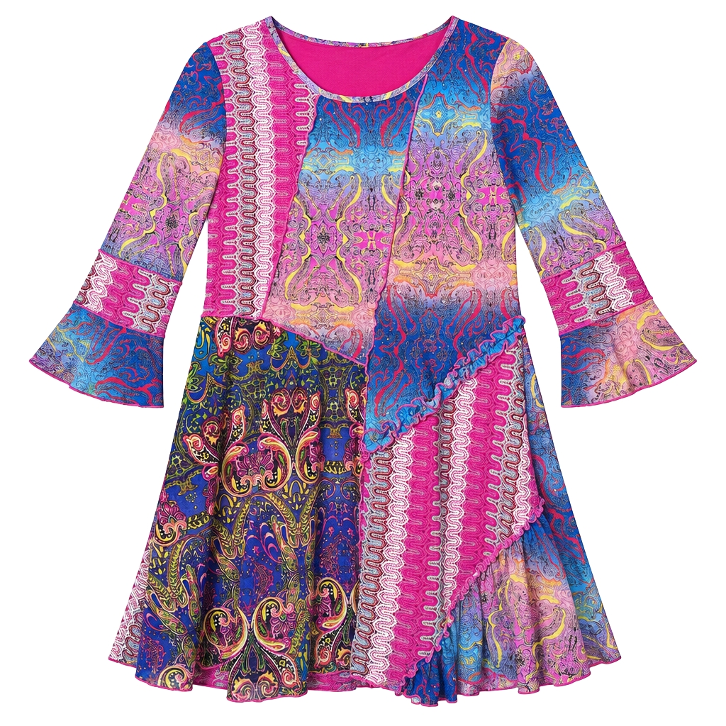 Caleoa Patchwork Paisley Mesh Dress Size S Pink Blue Y2K Boho Festival Ruffle 1