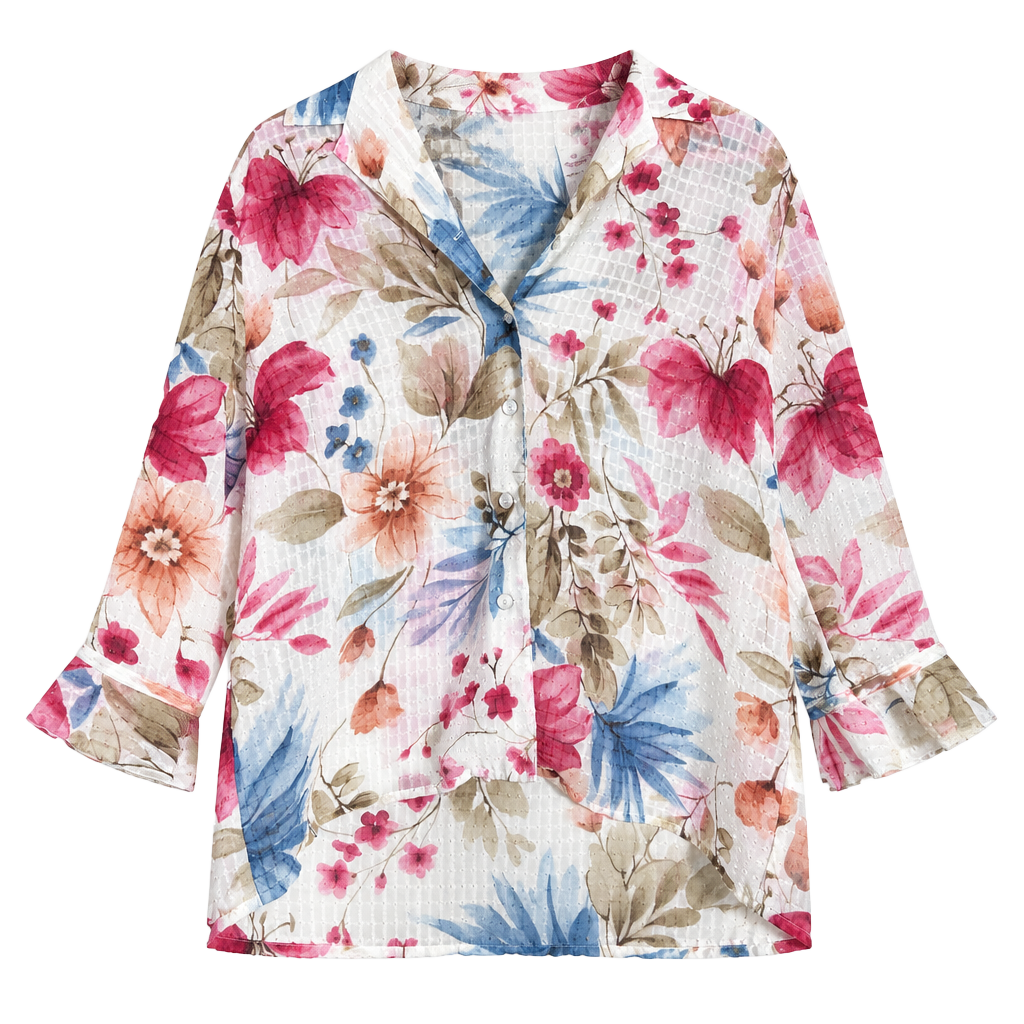 Alfred Dunner Petite 12P Floral Sheer Textured Blouse Pink Blue 3/4 Sleeve 1