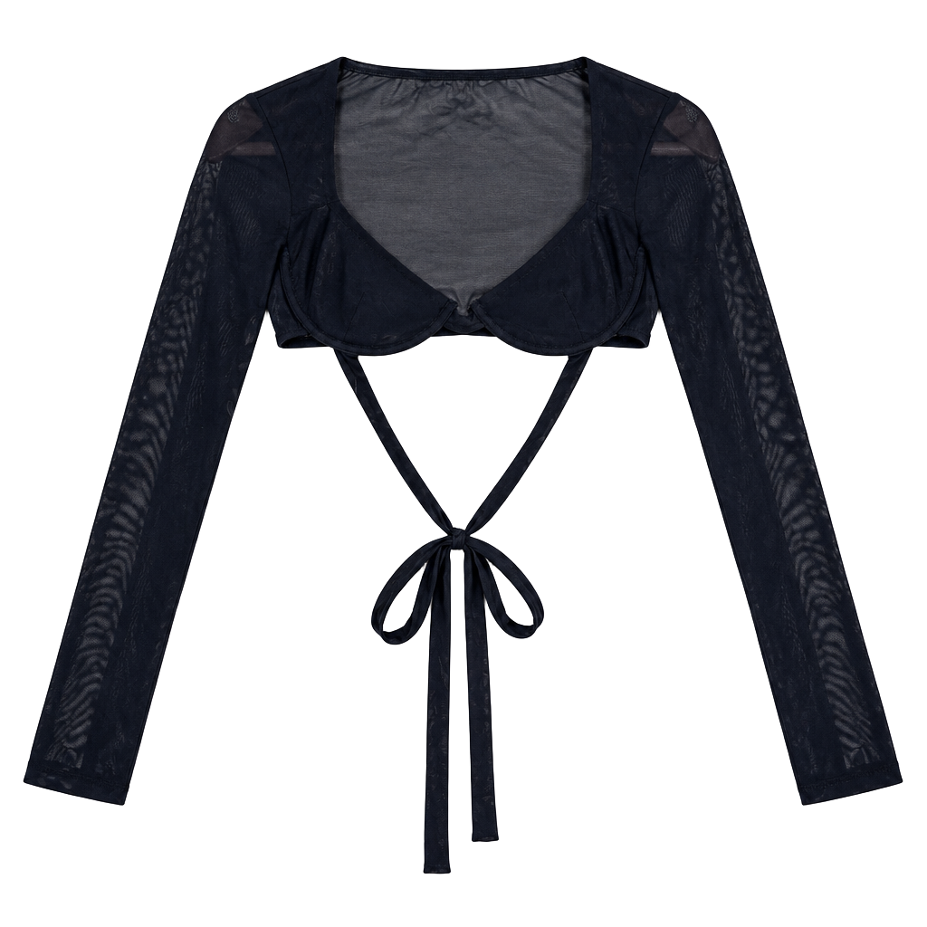 Kikiriki Black Sheer Mesh Long Sleeve Tie Back Crop Top Size S Y2K Going Outside 1