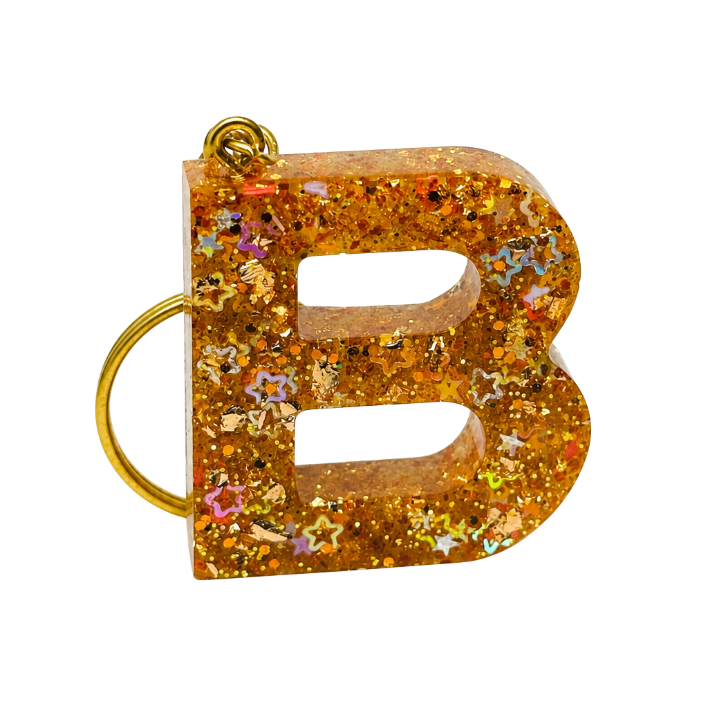 Handmade Resin Initial Letter B Keychain with Gold Flakes and Glitter 1