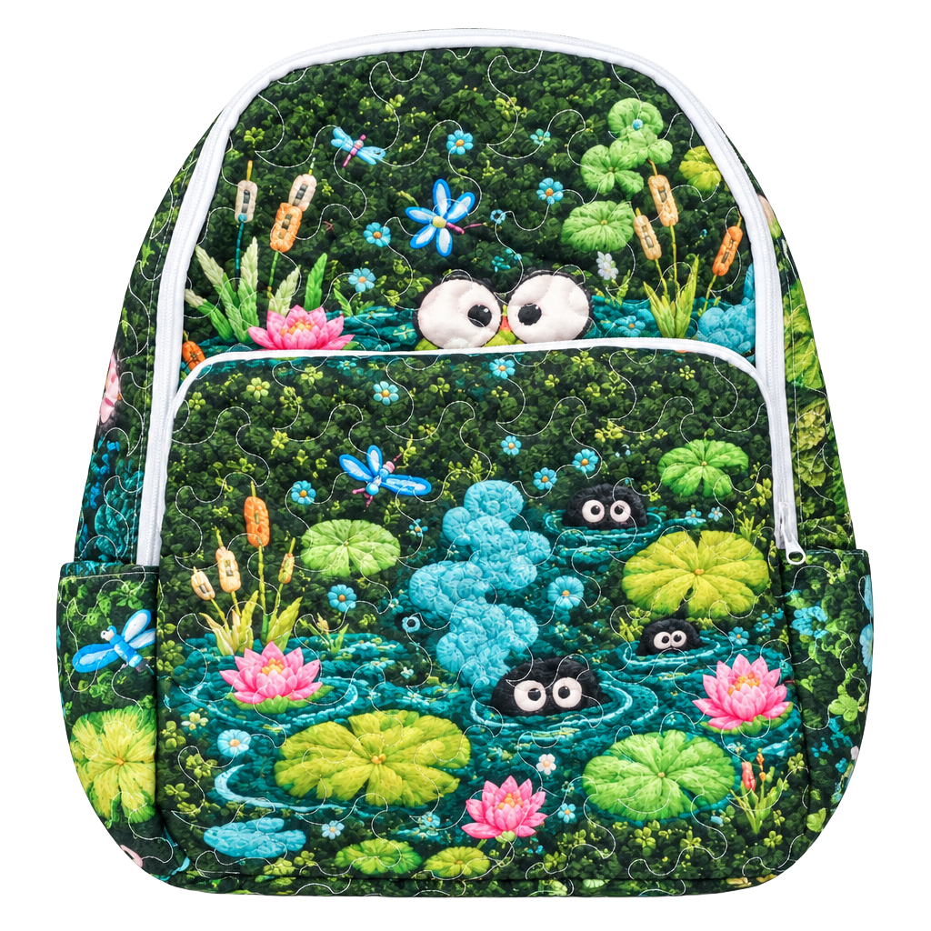 Cute Kawaii Frog Green Quilted lLilly Pad Pond Backpack 1