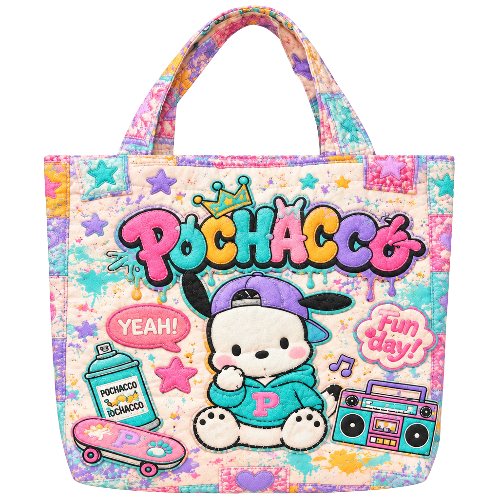 Sanrio Pochacco Quilted Tote Bag Multi-Color Graffiti Graphic Print 1