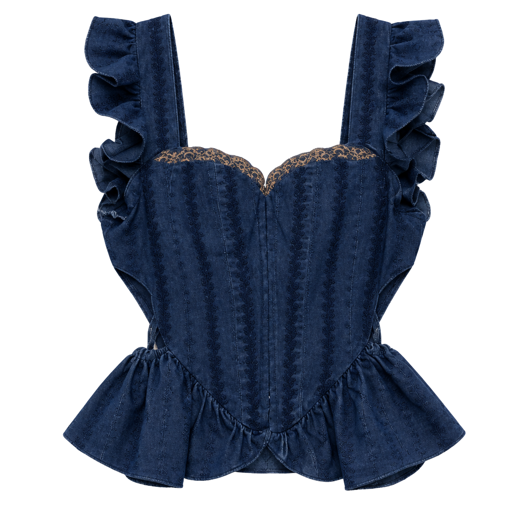 Ruffled Navy Corset Tank Top Embroidered Sweetheart Neckline - Size M - NWT 1