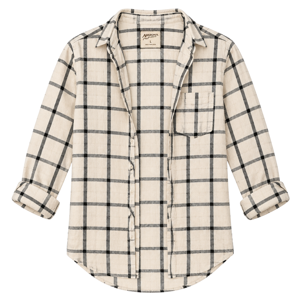 Arizona Plaid Button Down Shirt Cream Black Long Sleeve 1