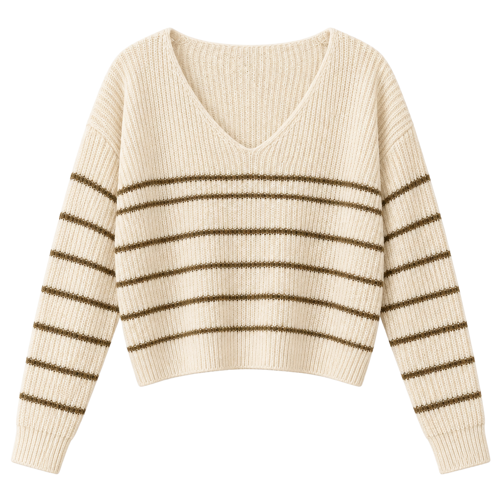 SHEIN Striped V-Neck Cropped Knit Sweater Beige 1