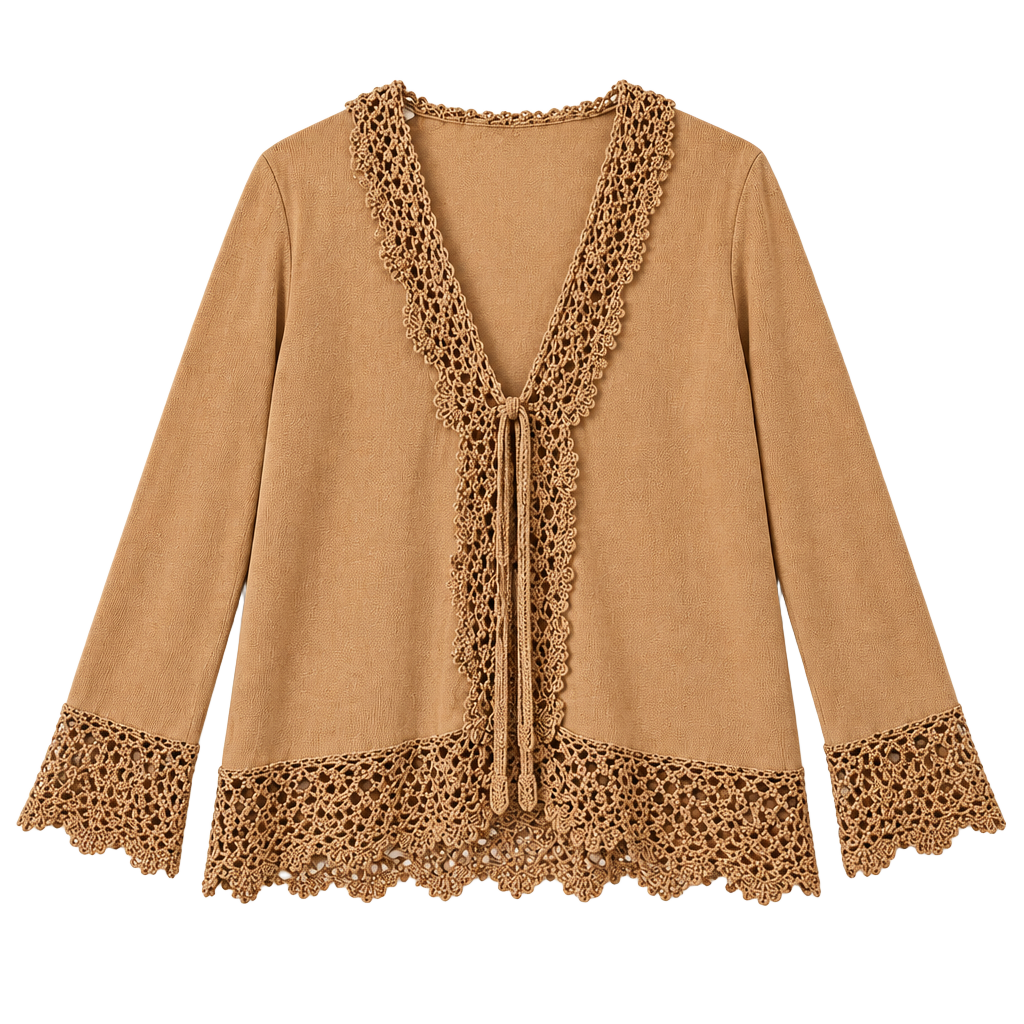 Joseph A. Cardigan Size XL Camel Brown Crochet Trim Open Front Sweater 1