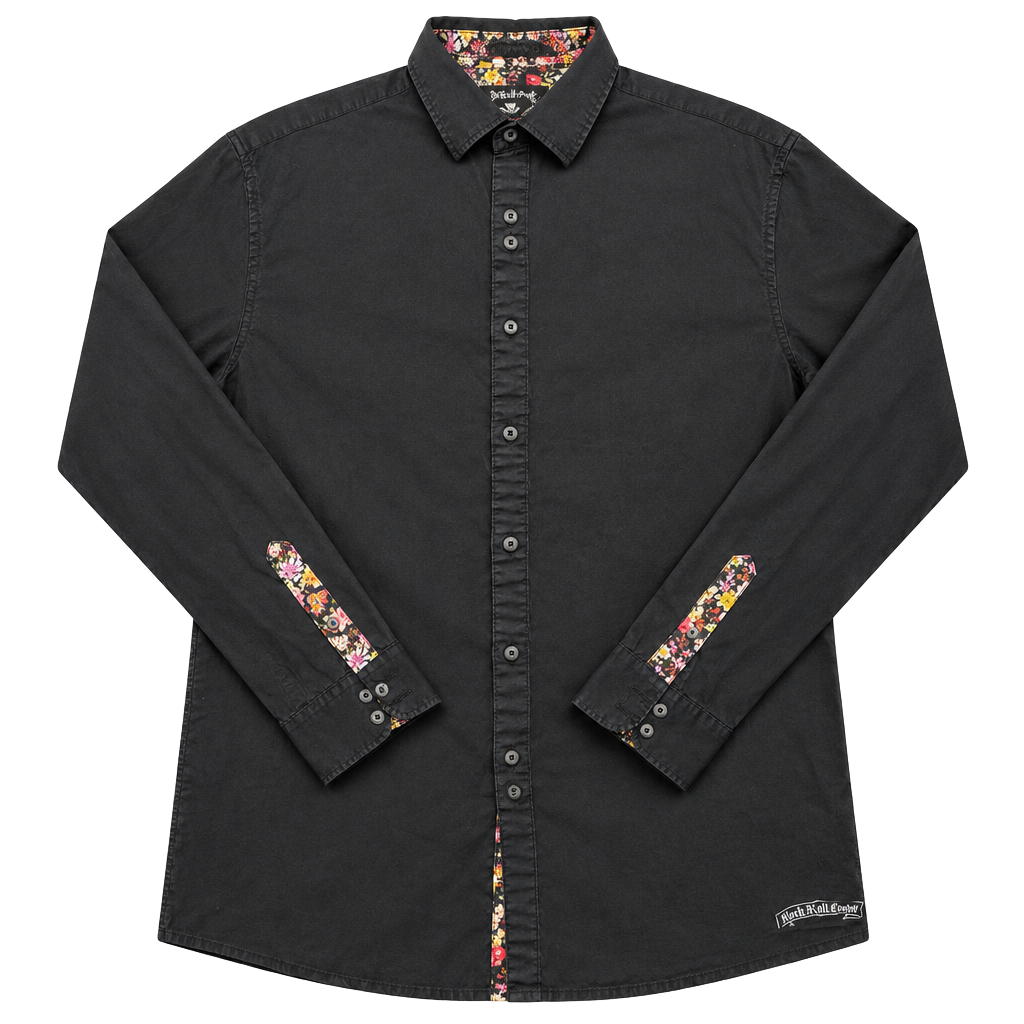 Rock Roll N Soul Button Down Shirt Black Floral Trim Long Sleeve 1