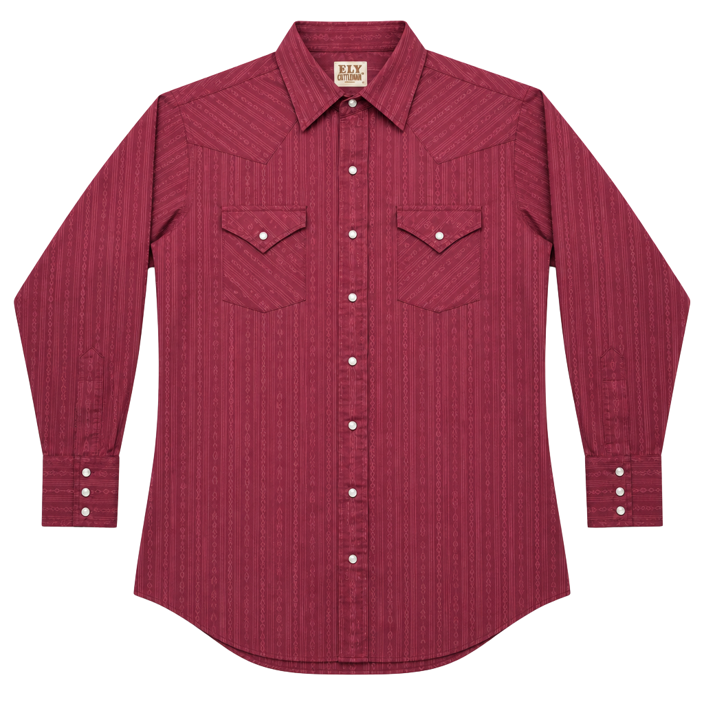 Ely Cattleman Western Shirt Size Large 16.5/34 Burgundy Pearl Snap Long Sleeve 1