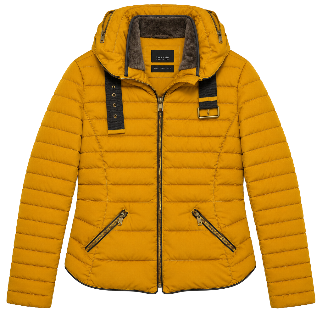 Zara Basic Outerwear Puffer Jacket Size L Yellow Quilted Fur Collar 1