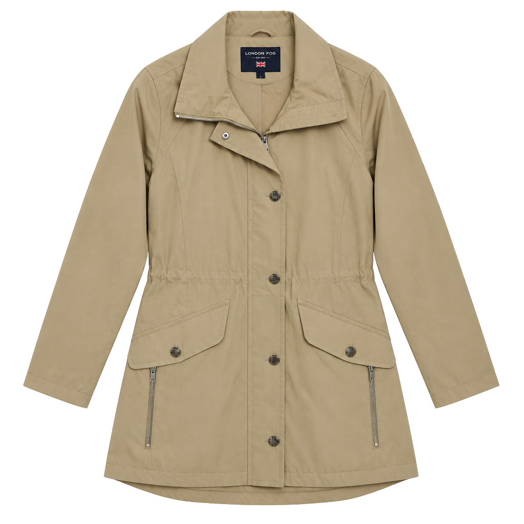 London Fog Hooded Rain Jacket Size L Khaki Beige Trench Coat Parka 1