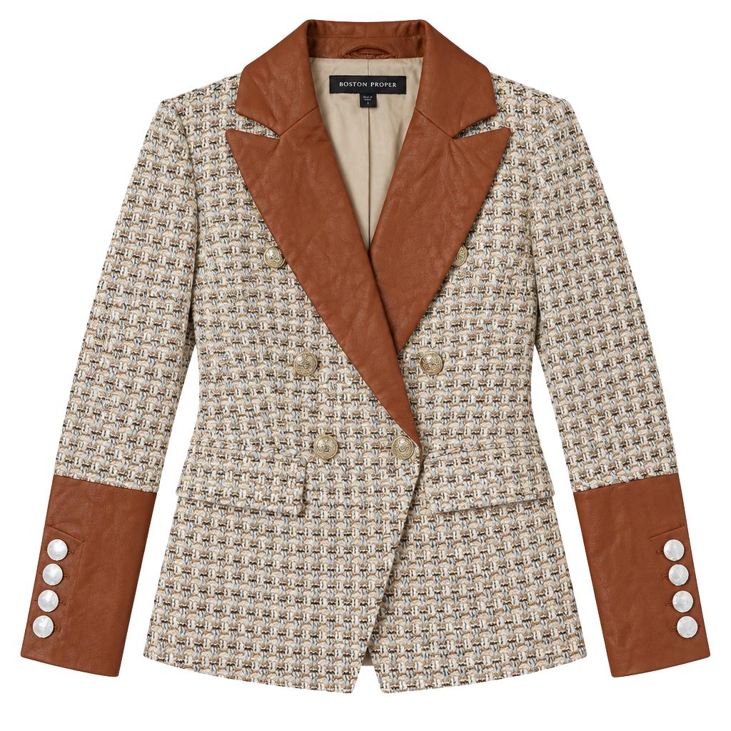 Boston Proper Tweed Blazer Size 6 Faux Leather Collar 1